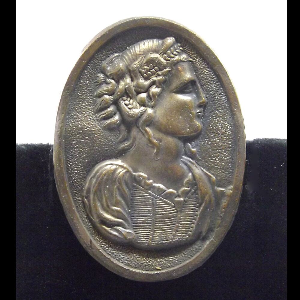 Vintage Metal Cameo Brooch, Woman's Profile in Relief, Brass Tone